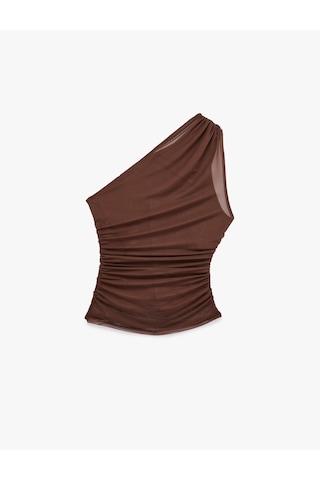 Koton Slim Fit Drapeli Tül Tek Omuz Bluz Kahverengi 6sak70052ek Kahve