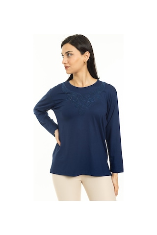 Kadın Orta Yaş Ve Üzeri Yeni Model Yuvarlak Yaka Likralı Anne Penye Bluz 30550-indigo