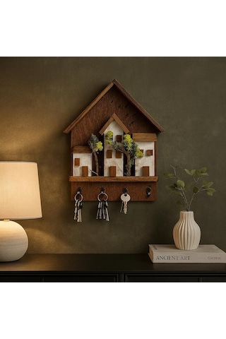 Ahşap Ev Temalı Duvar Askılığı 25x36 Cm 4 Kancalı Anahtarlık , El Yapımı Dekoratif Askı Kahverengi