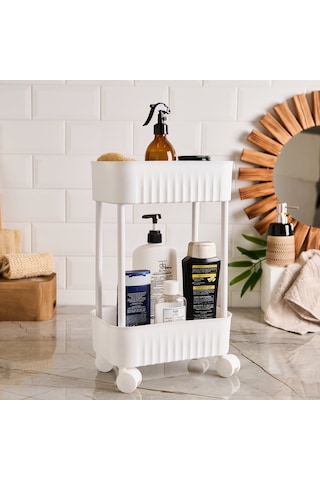 Arnilloo İki Katlı Tekerlekli Banyo Rafı - Beyaz - 45x27x17 Cm Renkli
