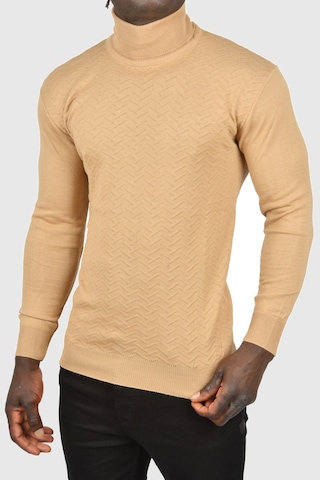 Rizzup Erkek Camel Zigzag Desenli Tam Balıkçı Yaka Dar Kesim Boğazlı Triko Kazak 2505497