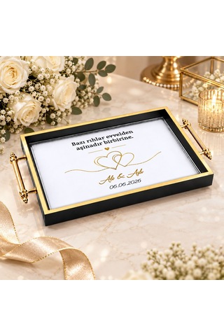 Bk Gift Kişiye Özel Siyah&gold Söz Nişan Tepsisi-2 - 39x23 Cm Çok Renkli
