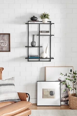 Aju Modern Duvar Rafı - 4 Katlı Metal Şık Modern Yüzen Pencere Duvar Rafı Kitaplık Düzenleyici Raff Siyah