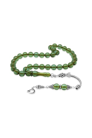 925 Ayar Gümüş Ay Yıldız Püsküllü Küre Kesim Su Yeşili Ateş Kehribar Tesbih Su Yeşili