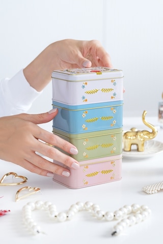4'lü Set - Fleur Kabartmalı Vintage Metal Saklama Kutusu