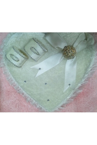 Söz Nişan Tepsisi Ahşap Kadife Kaplama Yüzüklük Kalp Beyaz/ Gümüş Gümüş