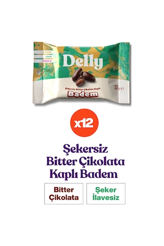 Delly Şeker İlavesiz Bitter Çikolata Kaplı Badem 12 x 40 G