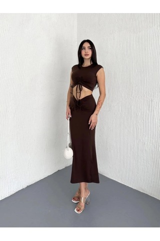 Freedom Storee Osy Modal Yumuşak Dokulu Kumaş Büzgülü Crop Etek Takım -kahverengi Çok Renkli
