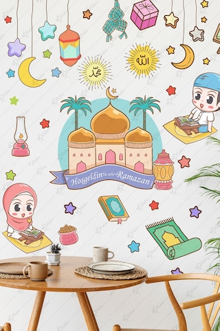 Hoşgeldin Ramazan Cami Ve Renkli Ramazan Ayı Figürleri Cam Duvar Kapı Dolap Sticker Seti Çok Renkli