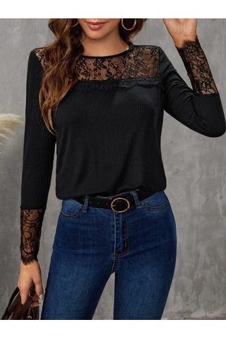 Tua Moda Kadın Uzun Kollu Bisiklet Yaka Dantel Detaylı Burgu Bluz Siyah