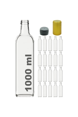 Afracam Maraska Şeffaf 1000 ML Kilitli Kapaklı ve Kapüşonlu Boş Cam Şişe 20 Adet