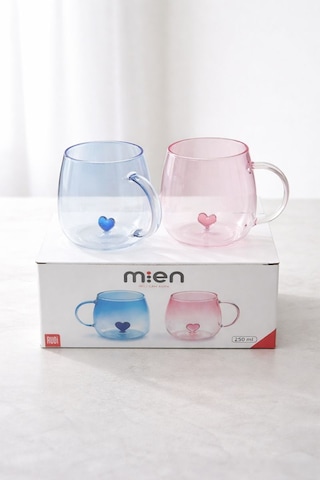Mien İkili Cam Kupa Seti 250 Ml Kalpli Tasarım Mavi & Pembe Şık Kupa Takımı Çok Renkli