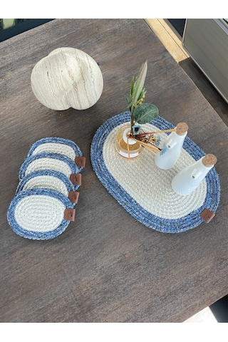 4 Adet Yuvarlak Bardak Altlığı- Leke Tutmaz- Mavi-beyaz 13x13 Cm Beyaz - Mavi