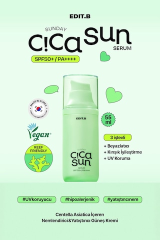 Edıtb Cica ve Hyalüronik Asit İçeren Nemlendirici SPF50+ Güneş Korumalı Yatıştırıcı EDIT.B Sun Serum 55 ML