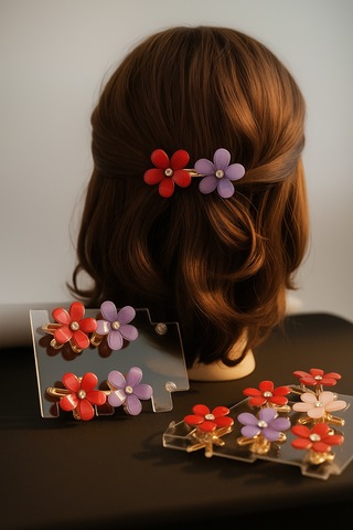 Çiçek Şeklinde Metal Toka, Metal Klipsli Renkli Çiçek Toka 4 Adet 2 Kırmızı - 2 Mor Kırmızı - Mor - Sarı