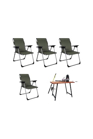 Alin Metal Lüks 4''lü Katlanır Sandalye Ve Masa Seti Haki Haki