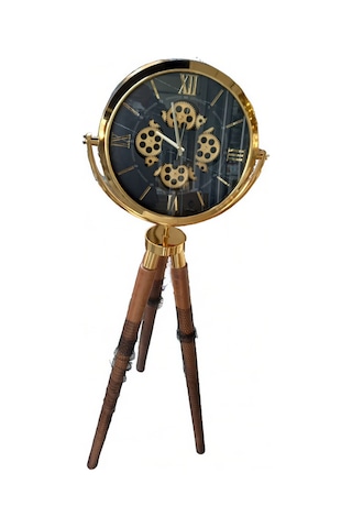 Çarklı Gold Metal 3d Ahşap Ayaklı Seyyar Ofis Salon Otel Saati Altın