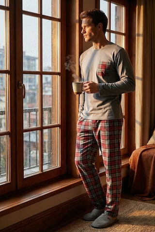 Buratti  Ekoseli Cepli Beli Lastikli % 100 Pamuk Regular Fit Erkek Pijama Takımı 6572001 Antrasit