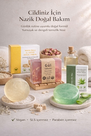 3'lü Doğal Sabun Seti Maya, Aloe Vera, Gül Özlü - Hassas & Günlük Nazik Bakım Serisi Aloe Vera - Gül