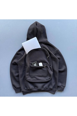 Tarzyeri Erkek 3 İplik Şardonlu Tam Fermuarlı Kapüşonlu Arka Çanta Detaylı Sweatshirt - Siyah