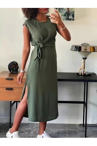 Defymoda Kadın Kısa Kollu Yuvarlak Yaka Belden Bağcıklı Önden Yırtmaçlı Aerobin Elbise Haki