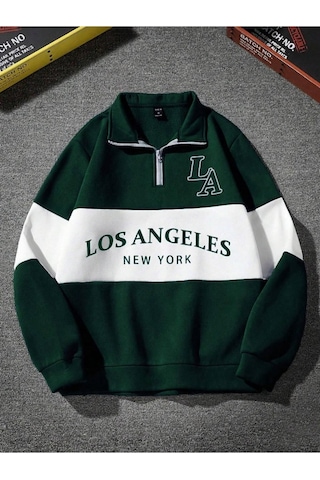 Altamira Unisex Los Angeles Baskılı Oversize Parçalı Polo Yaka Fermuarlı Sweatshirt 001