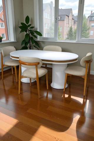 Bohem İskandinav Masa Sandalye Takımı 4 Adet Polo Sandalye Beyaz Mebranlı Mdf Oval Masa-modern Beyaz