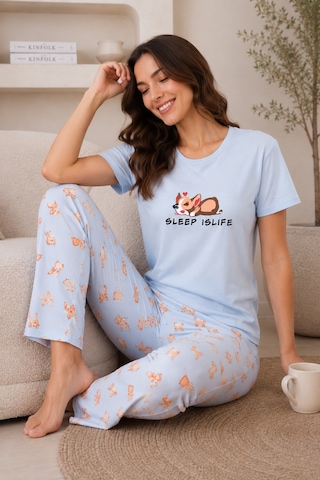 Wordex Mirano 4101 Desenli Kısa Kollu Pamuklu Kadın Pijama Takımı Mavi