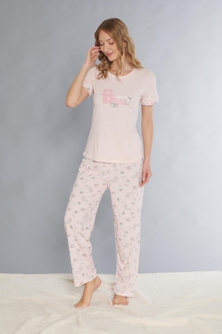 Dowry Kısa Kol Pijama Takım Sevimli Desenli Yazlık Viskon Pijama Dowry 08-127 Pembe