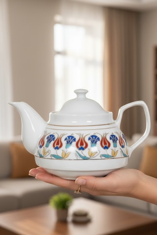 Altın Yaldızlı Porselen Demlik Kırmızı Lale Desen 650 Ml Beyaz