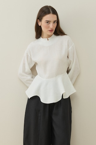 Molene Ekru Hakim Yaka Peplum Keten Bluz