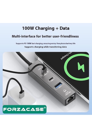 Forzacase Notebook Apple Uyumlu MacBook Type-c 4in1 Ethernet Usb 3.0 100w Pd Çevirici Hub Fc1165