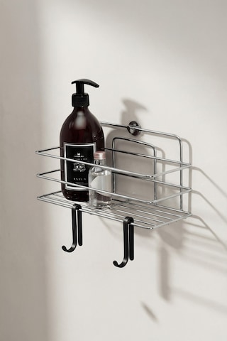 Tekli Krom Yapışkanlı Banyo Rafı + 2 Li Askı Kanca Seti Paslanmaz Metal Duş Şampuanlık Yapıştır/vidala Tş-01 Krom