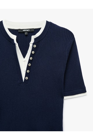 Koton Regular Fit Kısa Kollu Katmanlı Henley Yaka Düğmeli Triko Kazak Lacivert 7wak90467ht