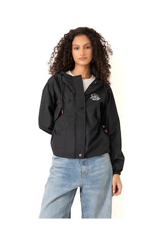 Riverstorm Kadın Siyah Su Geçirmez Ve Rüzgara Dayanıklı Kapüşonlu Cepli Çıt Çıtlı Mevsimlik Yağmurluk Siyah