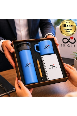 Logonuza Özel 10 Adet Ahşap Kutulu Lila Kurumsal Hediye Seti Cam Suluk, Seramik Fincan, Defter Ve Kalemli Promosyon Seti