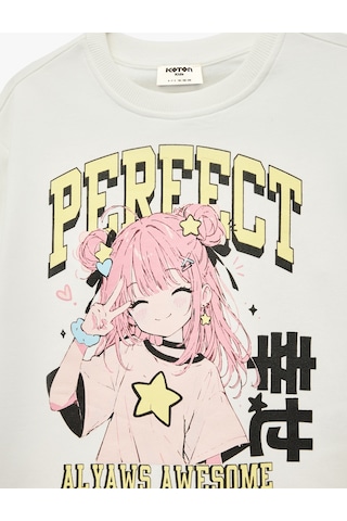 Koton Pamuklu Uzun Kollu Bisiklet Yaka Anime Baskılı Sweatshirt Ekru 7wkg10053ak