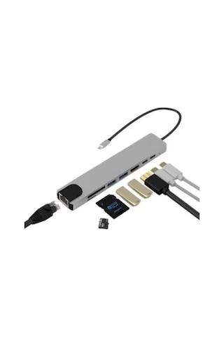 Type C Çoklu Port Hub 8 Port Usb Hdmı Sd Kart Ethernet Adaptör