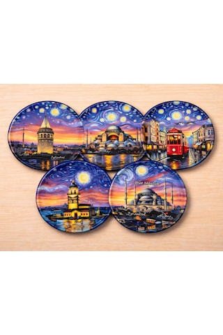 Upeka 5'li İstanbul Temalı Van Gogh Tarz Hediyelik Metal Tabak Magnet Set Kutulu 5cm Adet-5 Adet