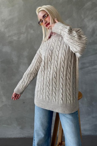 Madmext Bej Balıkçı Yaka Örgülü Triko Kazak Mg2336 Bej