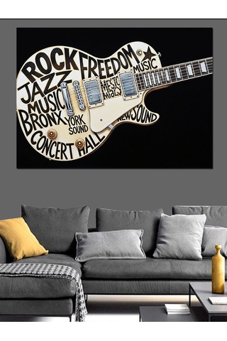 Gitar Şeklinde Yazılarla Rock Müzik Dekoratif Kanvas - Mdf Ahşap Tablo