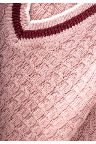 Cigit Saç Örgü V Yaka Kazak 2-9 Yaş Pudra Pembe Pudra Pembe