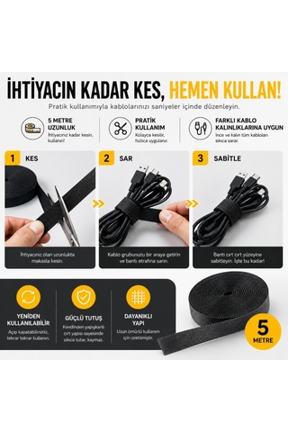Polham 5 Metre Cırt Cırt Bantlı Kablo Sarıcı Düzenleyici Organizatör Kesilebilir, Yeniden Kullanılabilir