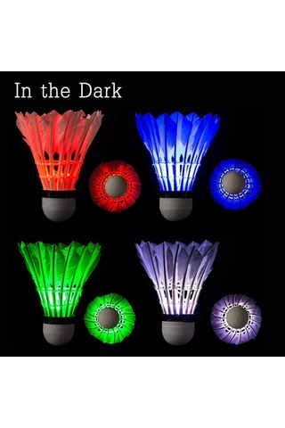 Vkemall Led Işıklı Badminton Topu 4'lü Paket Kırmızı, Yeşil, Mavi, Renkli - Gece Sporu İçin Dayanıklı, Hızlı Aktifasyon, Kauçuk Uç Ve Kazak Tüylü