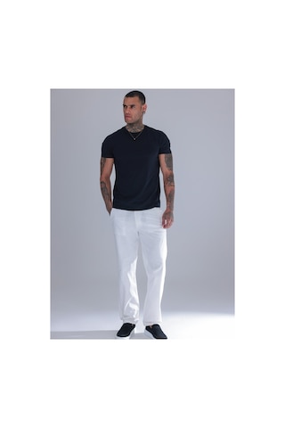Blayn Jeans Erkek Siyah Keten Pantolon Beli Lastikli Rahat Kalıp Yazlık Boru Paça Günlük Pantolon Beyaz
