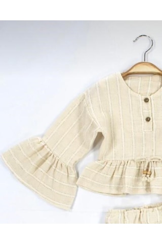 Babyhola Kız Bebek Çocuk Bayramlık Takım Volan Kollu Simli Müslin 2011 Bej