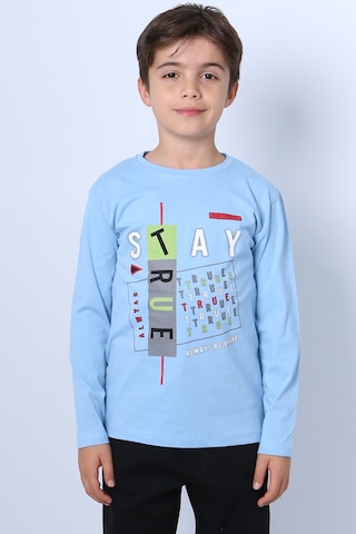 Hçm Erkek Çocuk Uzun Kollu Tshirt Stay True Baskılı Bisiklet Yaka E29 Açık Mavi