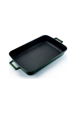 Lava Döküm Ölçü 26x40cm. Dikdörtgen Rosto Ve Fırın Tepsisi Döküm Demir Yekpare Çift Kulplu Premium Serisi - Majolica Yeşil Yeşil