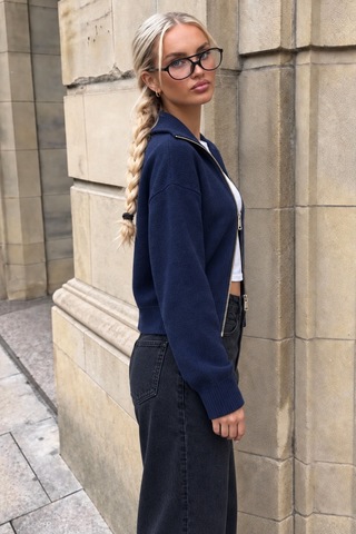 Cool Tarz Kadın Stardart Beden Çift Fermuarlı Dik Yaka Crop Triko Hırka Lacivert Lacivert