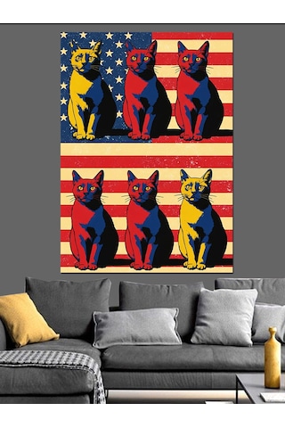 Renkli Kedi Pop Art Dekoratif Kanvas - Mdf Ahşap Tablo